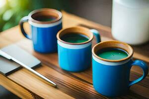 deux bleu des tasses avec vert liquide sur une tableau. généré par ai photo