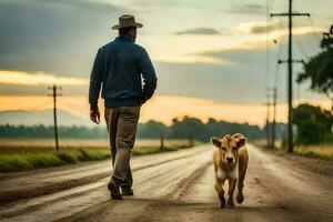 une homme en marchant le sien chien vers le bas une saleté route. généré par ai photo