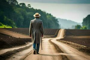 une homme dans une chapeau et manteau en marchant vers le bas une saleté route. généré par ai photo