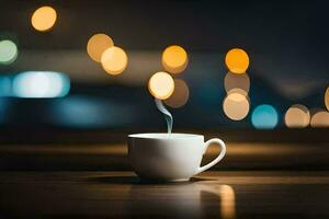 une tasse de café sur une table dans le sombre. généré par ai photo