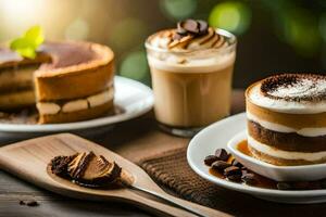 une café et dessert sur une en bois tableau. généré par ai photo