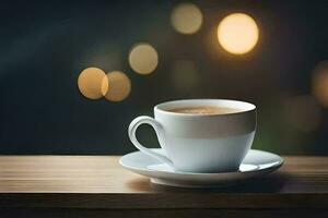 une tasse de café sur une en bois table avec bokeh lumières. généré par ai photo