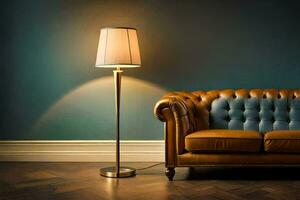 une cuir canapé et lampe dans une chambre. généré par ai photo