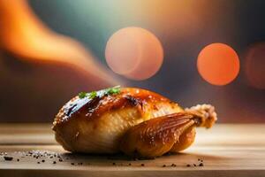 une poulet sur une en bois Coupe planche avec une floue Contexte. généré par ai photo