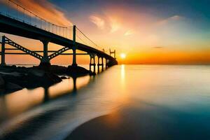 une pont plus de le océan à le coucher du soleil. généré par ai photo