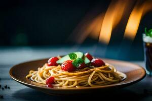 spaghetti avec tomate sauce et Frais baies sur une en bois tableau. généré par ai photo