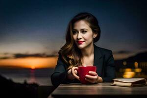 une femme dans une affaires costume en portant une tasse de café. généré par ai photo