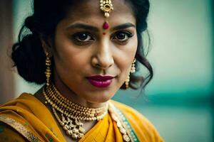 une femme dans une sari avec or bijoux. généré par ai photo