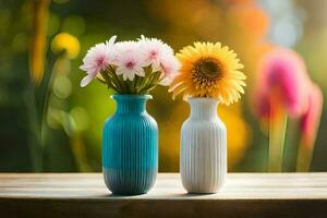 deux des vases avec fleurs sur une tableau. généré par ai photo