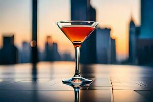 une cocktail dans une martini verre sur une table dans de face de une ville ligne d'horizon. généré par ai photo