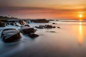 une longue exposition photographier de une le coucher du soleil sur le plage. généré par ai photo