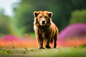 une marron chien est en marchant dans une champ. généré par ai photo