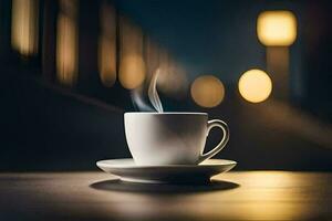 une tasse de café sur une table dans le sombre. généré par ai photo