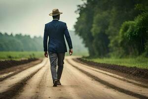 une homme dans une costume et chapeau en marchant vers le bas une saleté route. généré par ai photo