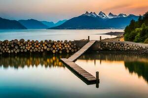 une jetée dans le milieu de une Lac avec montagnes dans le Contexte. généré par ai photo