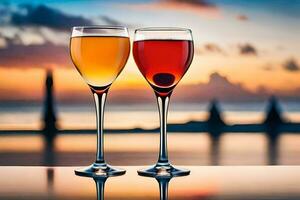 deux des lunettes de du vin avec le coucher du soleil dans le Contexte. généré par ai photo