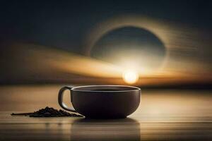 une tasse de café sur une table avec le Soleil dans le Contexte. généré par ai photo