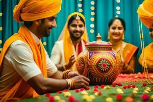 Indien mariage la cérémonie avec la mariée et jeune marié. généré par ai photo