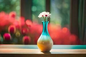 une vase avec une Célibataire Marguerite dans il sur une tableau. généré par ai photo