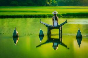 une femme séance sur une bateau dans une lac. généré par ai photo