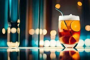 une verre de glacé thé avec Orange tranches sur le tableau. généré par ai photo