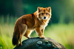 une rouge chien permanent sur Haut de une rock. généré par ai photo