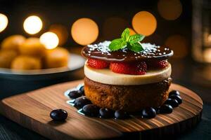 une dessert avec des fraises et Chocolat sur une en bois planche. généré par ai photo