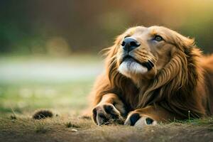 une Lion pose sur le herbe avec ses pattes en haut. généré par ai photo