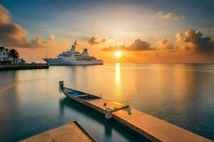 une bateau amarré à le Dock à le coucher du soleil. généré par ai photo