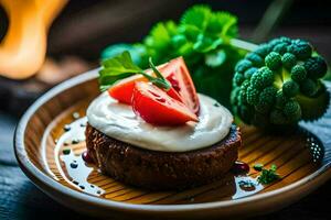 une assiette avec une pièce de Viande et des légumes. généré par ai photo