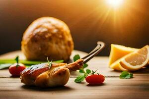 nourriture sur une en bois table avec une tranche de citron et tomates. généré par ai photo