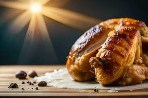 une poulet est séance sur une en bois Coupe planche avec une pièce de pain. généré par ai photo