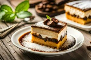 une pièce de gâteau avec Chocolat et café sur une plaque. généré par ai photo