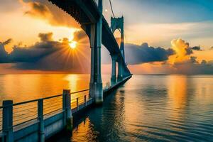 le Soleil ensembles derrière une pont plus de l'eau. généré par ai photo