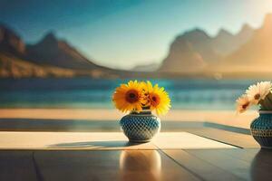 tournesols dans une vase sur le plage. généré par ai photo