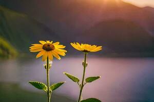 deux Jaune fleurs sont permanent dans de face de une Lac et montagnes. généré par ai photo