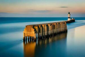 une longue exposition photographier de une phare à le coucher du soleil. généré par ai photo