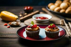 deux petits gâteaux sur une assiette avec une bol de nouilles. généré par ai photo