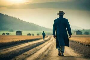 une homme dans une longue manteau et chapeau des promenades vers le bas une saleté route. généré par ai photo