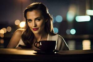 une femme séance à une table avec une tasse de café. généré par ai photo