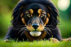 une Lion est pose dans le herbe. généré par ai photo