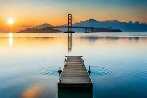 une Dock dans le milieu de une Lac à le coucher du soleil. généré par ai photo