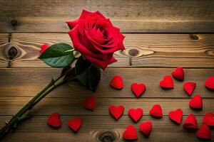 rouge Rose sur une en bois table avec cœurs. généré par ai photo