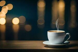 une tasse de café sur une en bois table avec bokeh lumières. généré par ai photo
