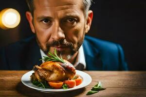 une homme dans une costume est en portant une poulet sur une plaque. généré par ai photo