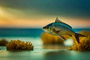 une poisson est nager dans le océan près certains corail. généré par ai photo