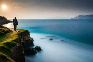 une homme des stands sur le bord de une falaise surplombant le océan. généré par ai photo