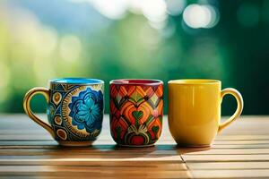 Trois coloré café des tasses sur une en bois tableau. généré par ai photo