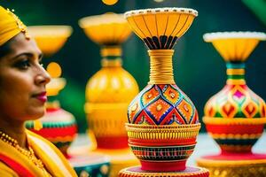 une femme dans traditionnel Vêtements est permanent suivant à une vase. généré par ai photo