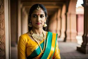 une femme dans une Jaune sari et vert et bleu bijoux. généré par ai photo